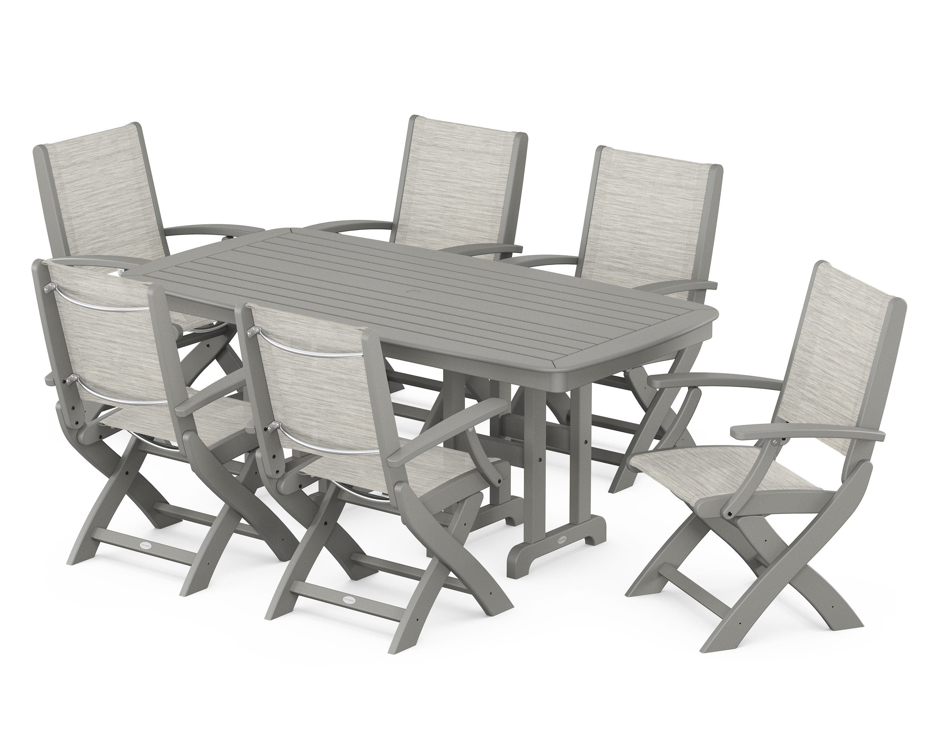 POLYWOOD® Coastal Folding Arm Chair 7-Piece Dining Set in Slate Grey / Birch Sling