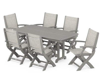 POLYWOOD® Coastal Folding Arm Chair 7-Piece Dining Set in Slate Grey / Birch Sling