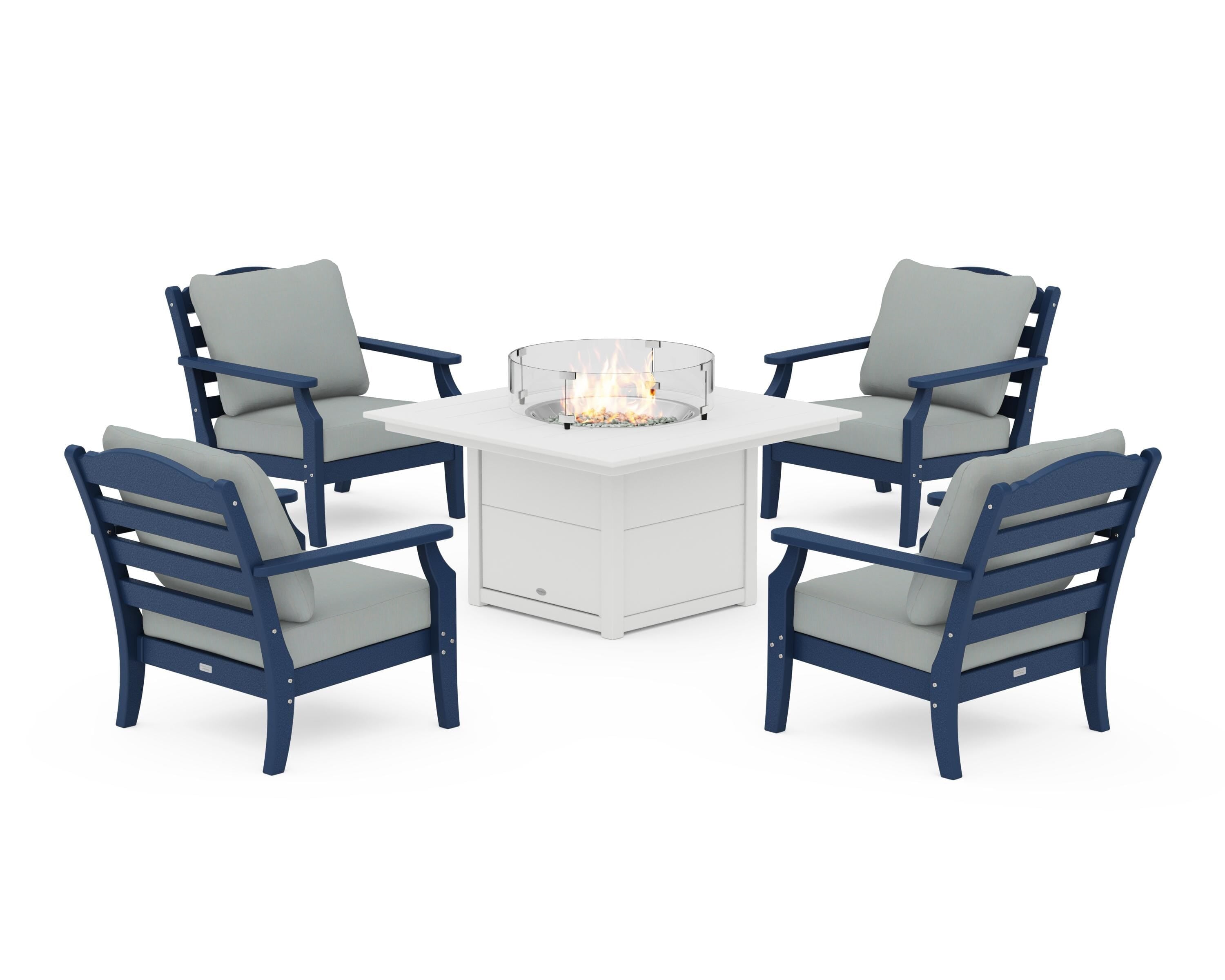 Draper James™ by  POLYWOOD® Savannah 5-Piece Deep Seating Set with Fire Pit Table in Navy / Spa