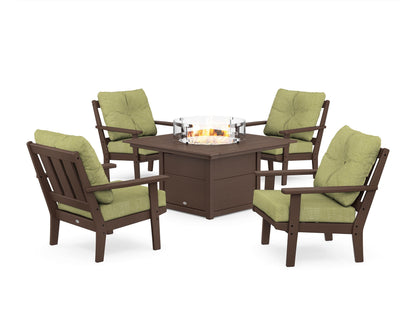 POLYWOOD® Oxford 5-Piece Deep Seating Set with Fire Pit Table in Mahogany / Chartreuse Boucle