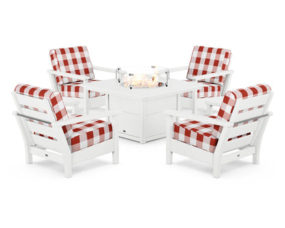POLYWOOD® Harbour 5-Piece Conversation Set with Fire Pit Table in White / Buffalo Plaid Crimson
