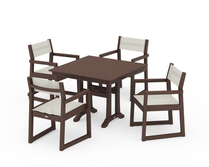 POLYWOOD® EDGE Sling 5-Piece Farmhouse Dining Set with Trestle Legs in Mahogany / Parchment Sling