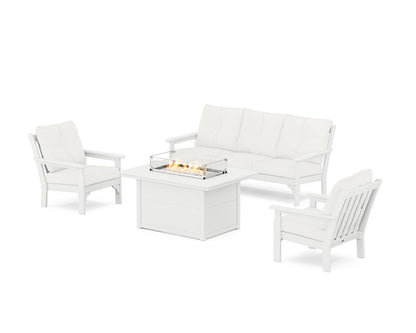 POLYWOOD® Vineyard Deep Seating Fire Pit Table Set in White / Natural Linen