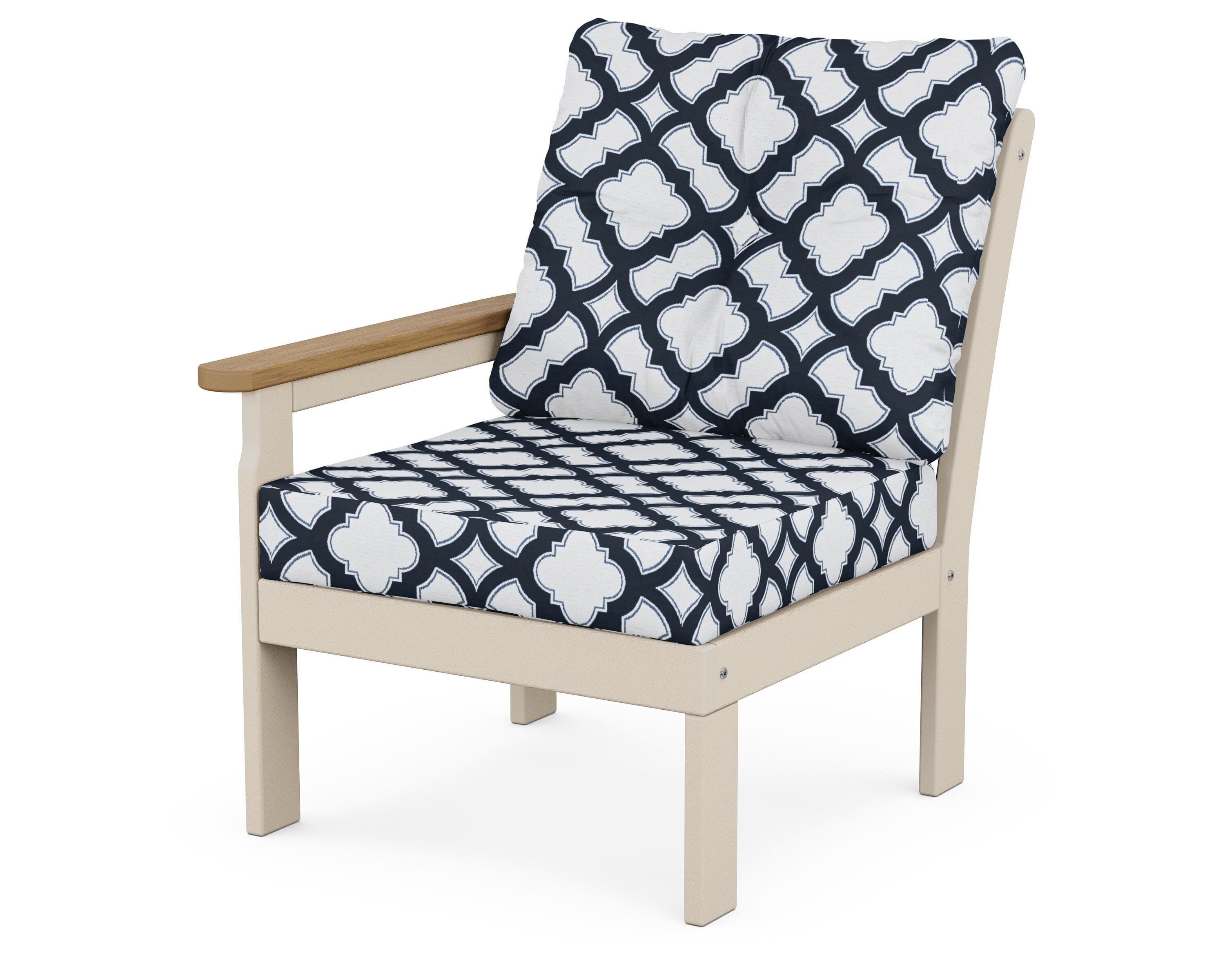 POLYWOOD® Vineyard Modular Left Arm Chair in Sand / Natural / Trellis Marine Indigo