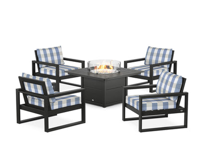 POLYWOOD® EDGE Sectional 5-Piece Deep Seating Set with Fire Pit Table in Black / Buffalo Plaid Sky Blue