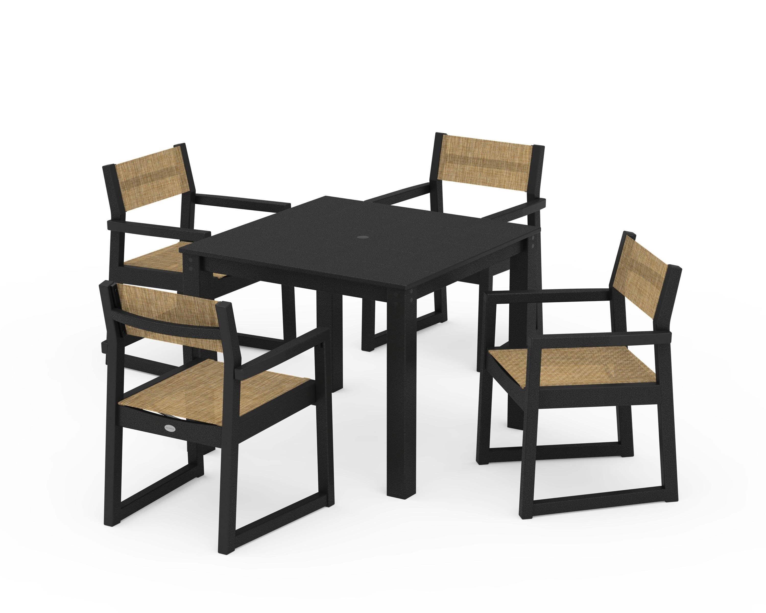 POLYWOOD® EDGE Sling Arm Chair 5-Piece Parsons Dining Set in Black / Burlap Sling