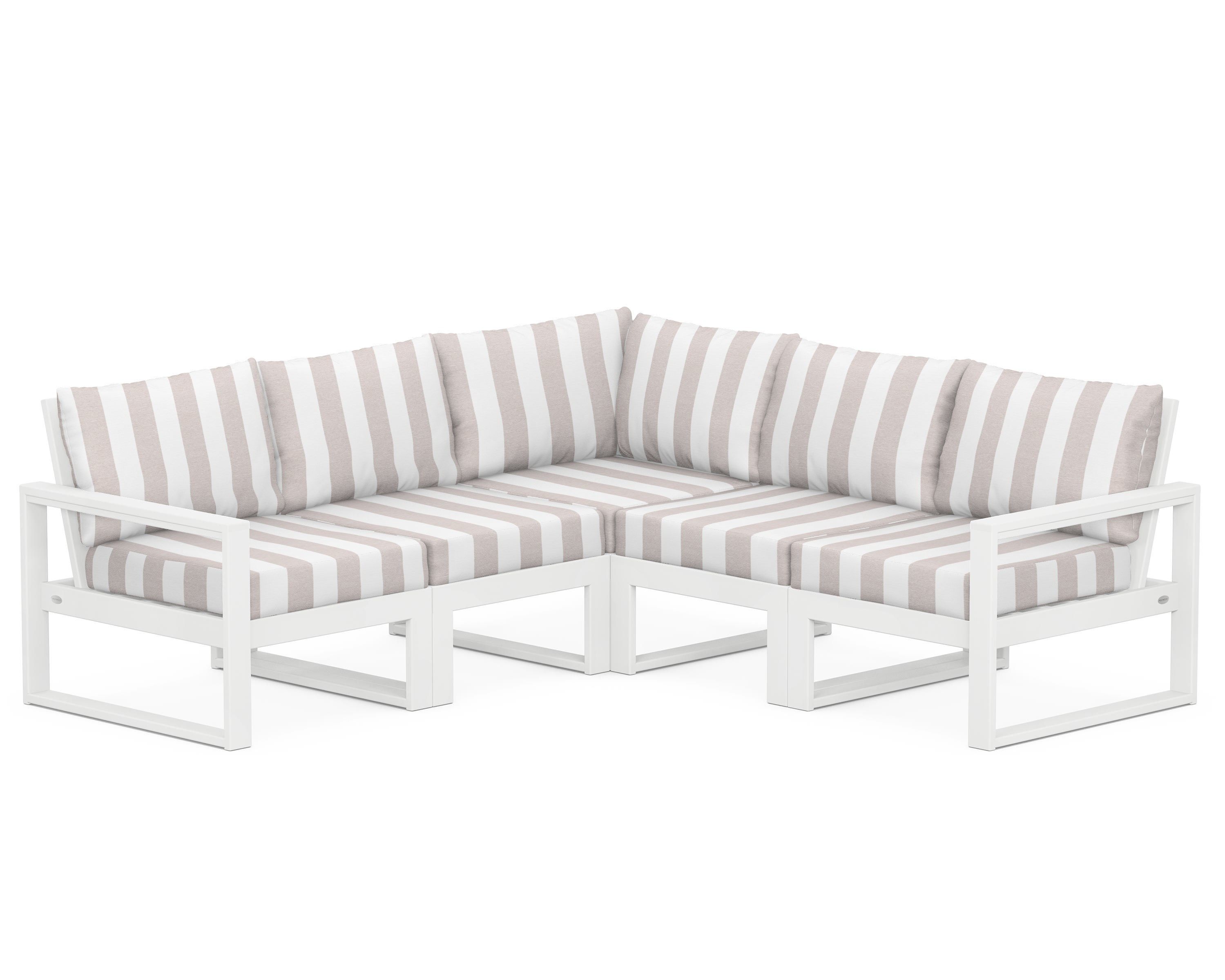 POLYWOOD® EDGE 5-Piece Modular Deep Seating Set in White / Cabana Stripe Dune Burlap