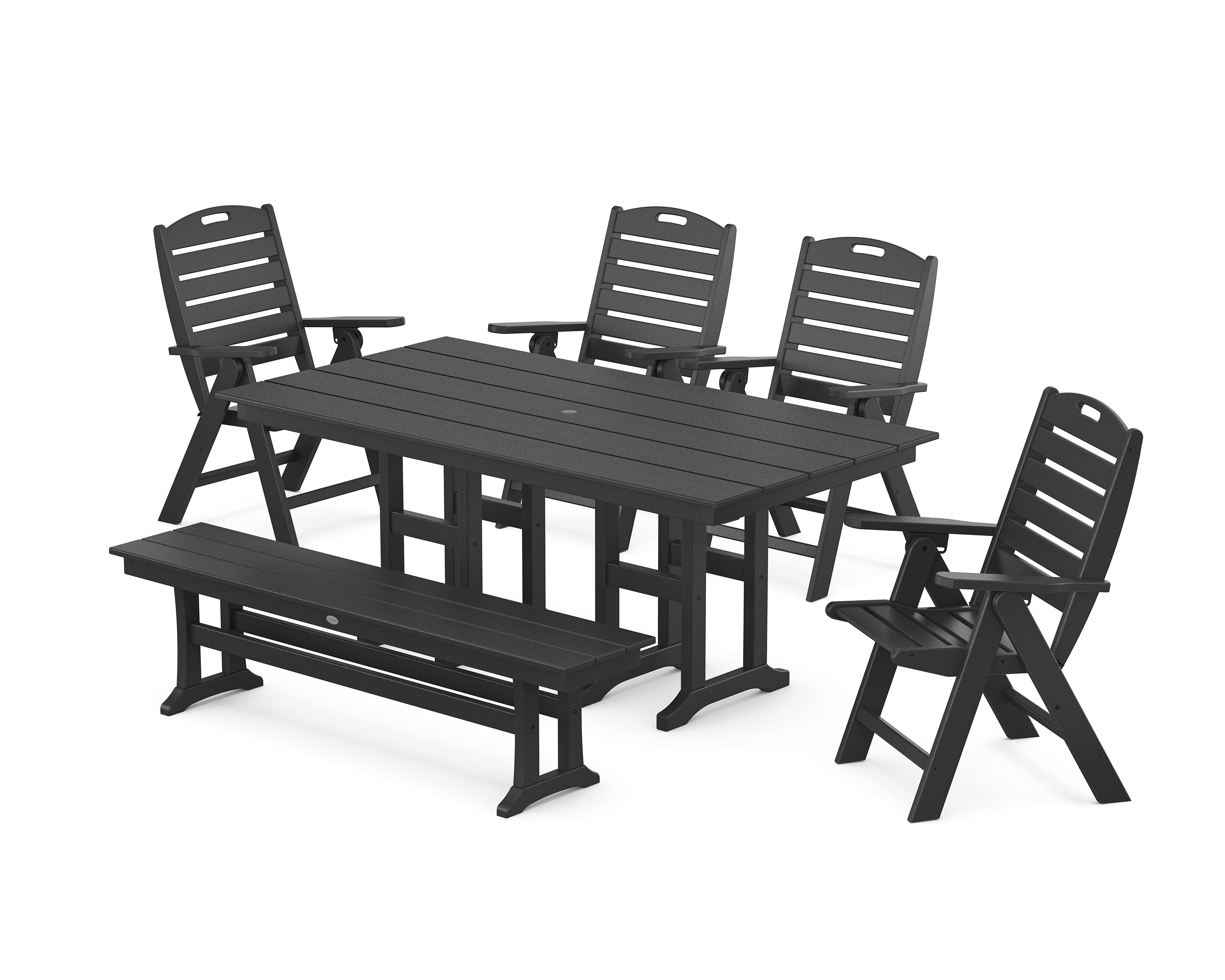 POLYWOOD® Nautical Highback 6-Piece Farmhouse Dining Set with Bench in Black