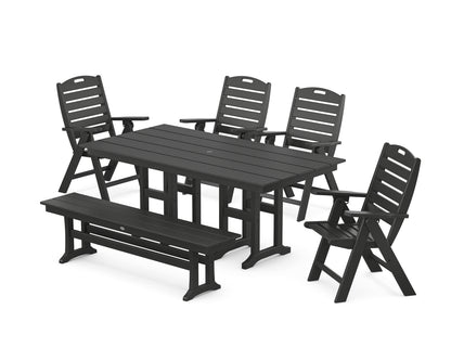 POLYWOOD® Nautical Highback 6-Piece Farmhouse Dining Set with Bench in Black