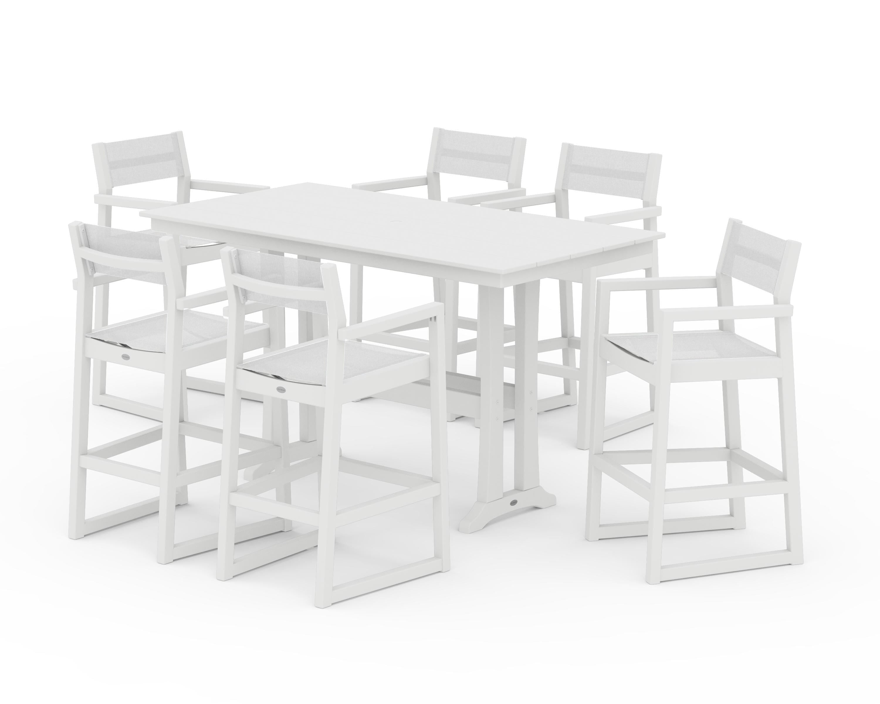 POLYWOOD® EDGE Sling Arm Chair 7-Piece Farmhouse Bar Set with Trestle Legs in White / White Sling