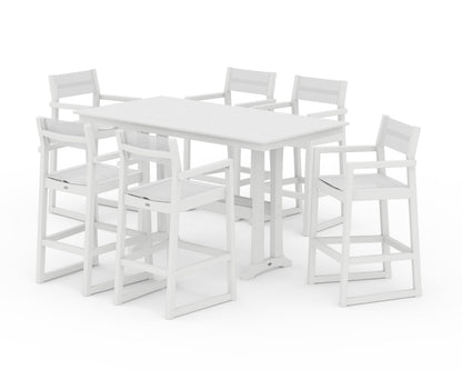 POLYWOOD® EDGE Sling Arm Chair 7-Piece Farmhouse Bar Set with Trestle Legs in White / White Sling