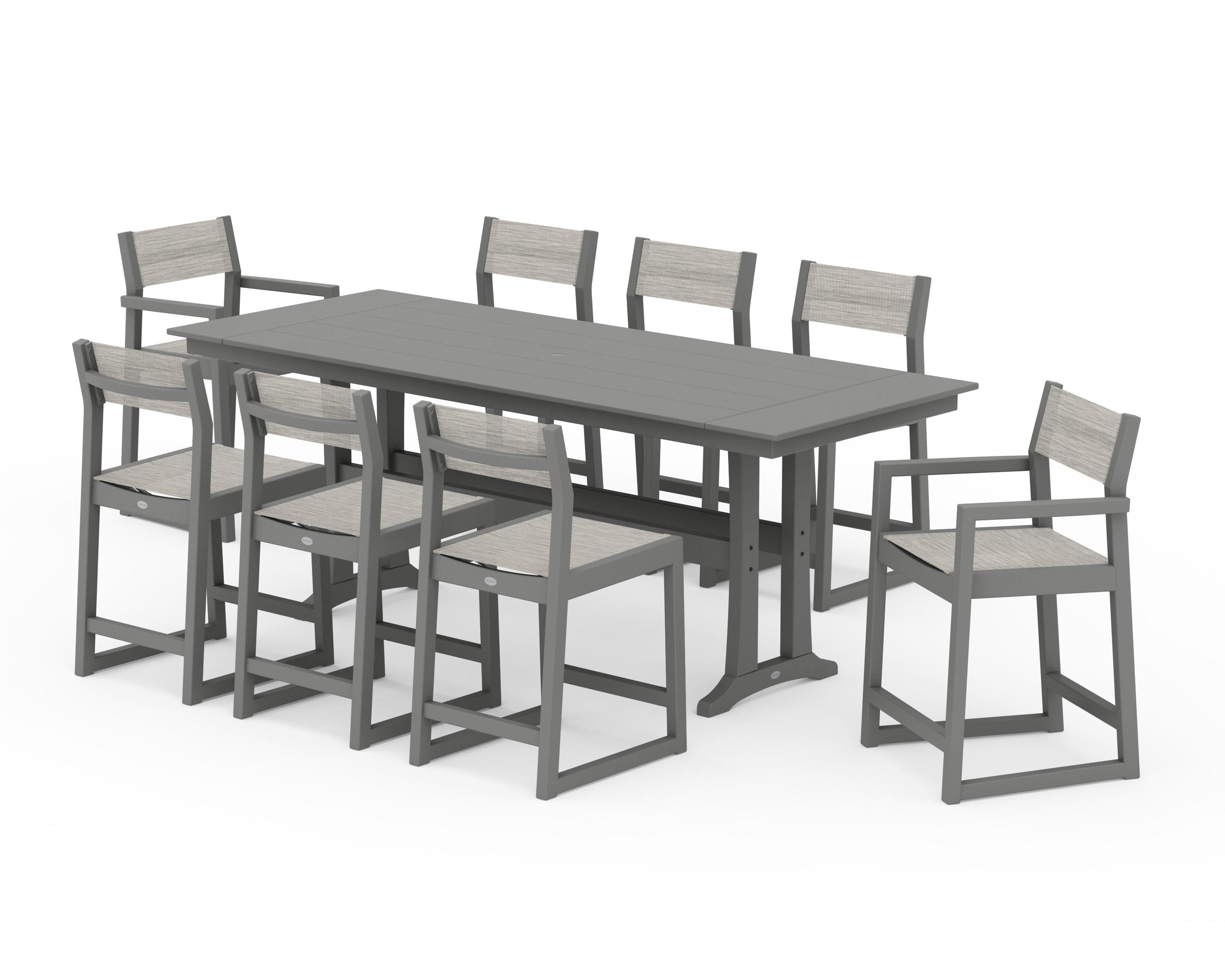 POLYWOOD® EDGE Sling 9-Piece Farmhouse Counter Set with Trestle Legs in Slate Grey / Birch Sling