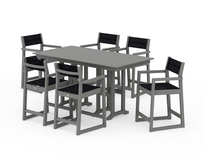 POLYWOOD® EDGE Sling Arm Chair 7-Piece Farmhouse Counter Set in Slate Grey / Black Sling