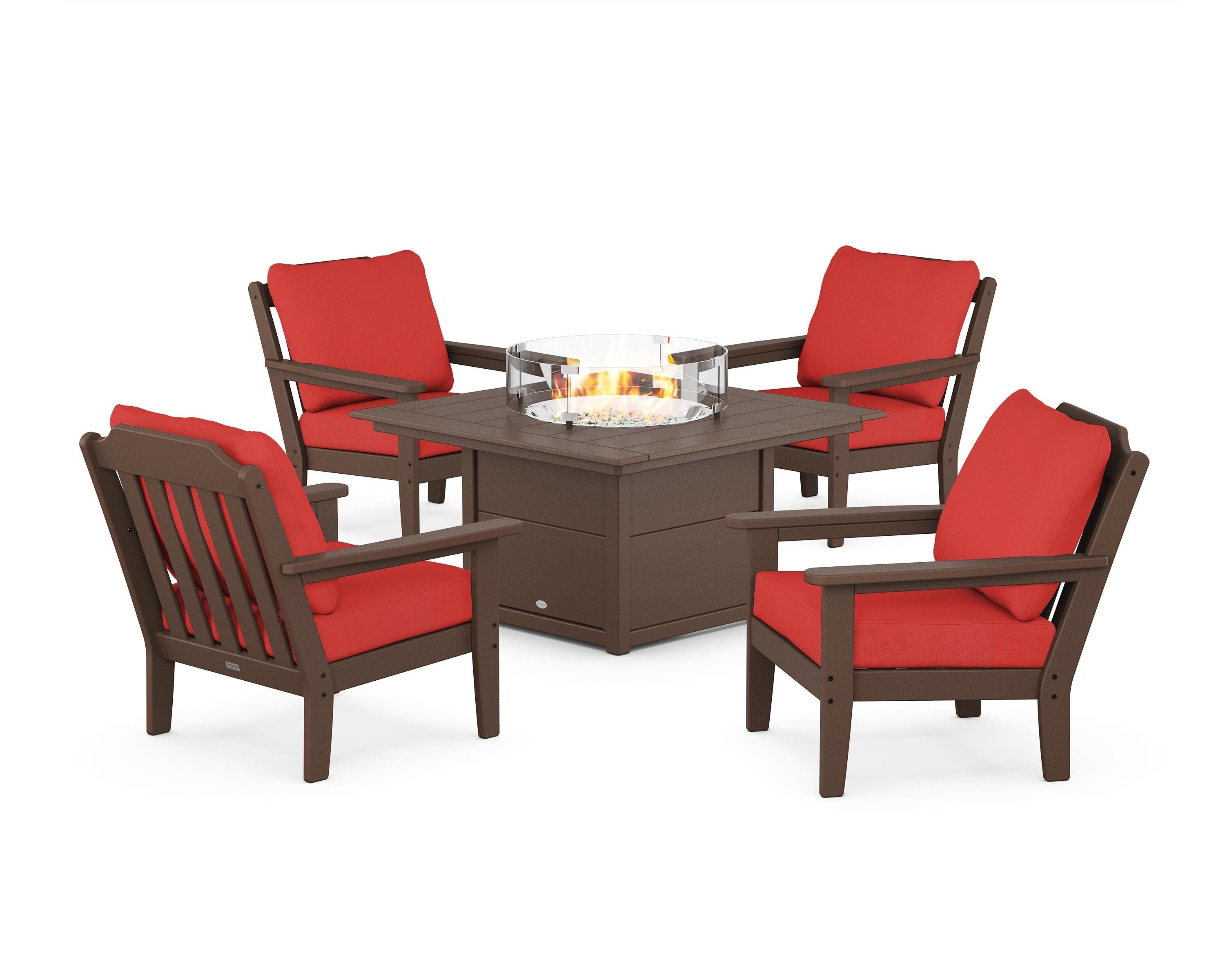Country Living Cottage 5-Piece Deep Seating Set with Fire Pit Table in Mahogany / Crimson Linen