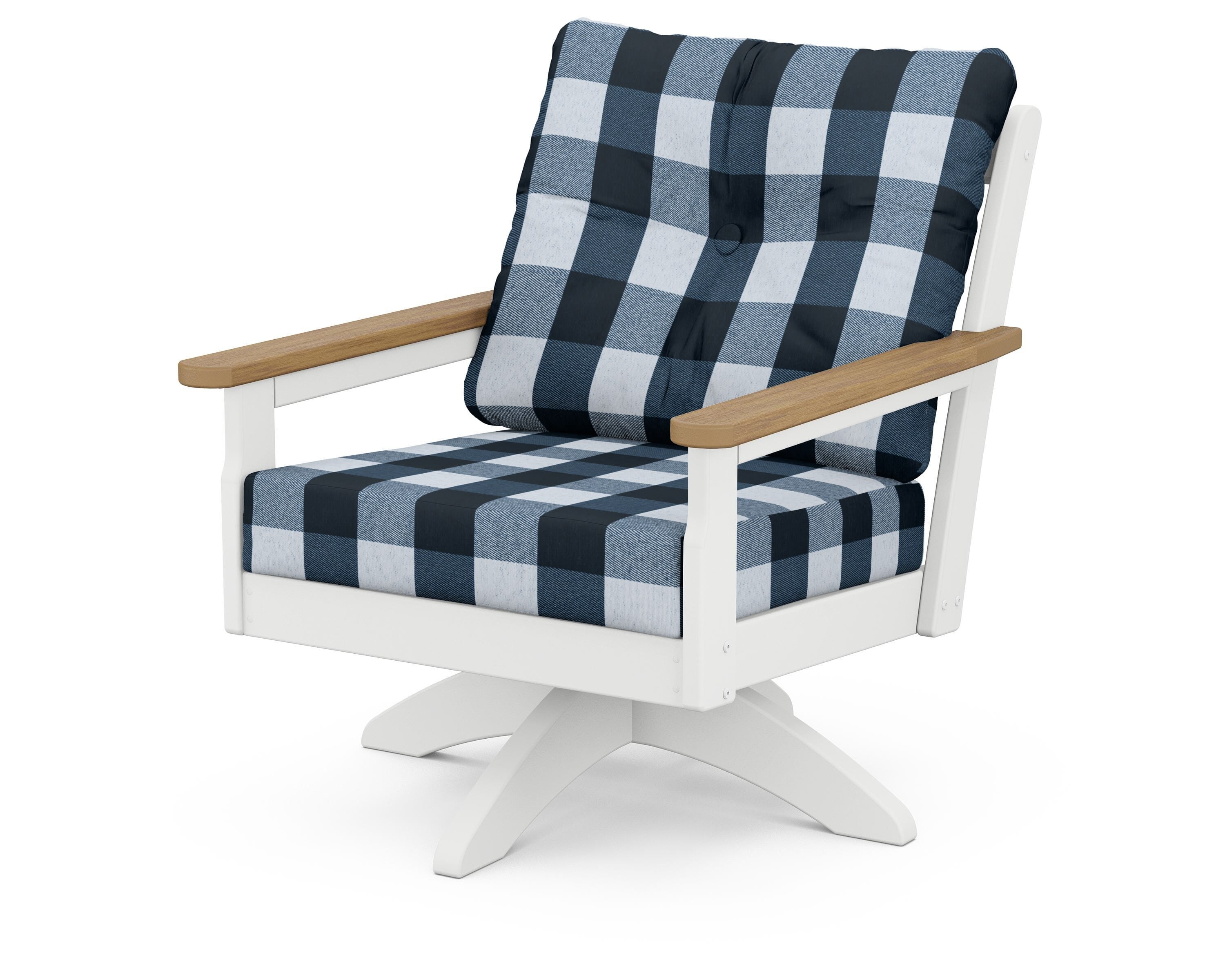 POLYWOOD® Vineyard Deep Seating Swivel Chair in White / Natural / Buffalo Plaid Marine Indigo