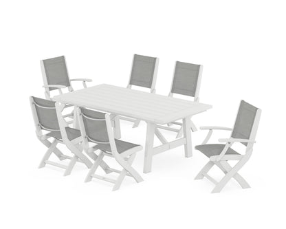 POLYWOOD® Coastal Folding Chair 7-Piece Rustic Farmhouse Dining Set in White / Metallic Sling