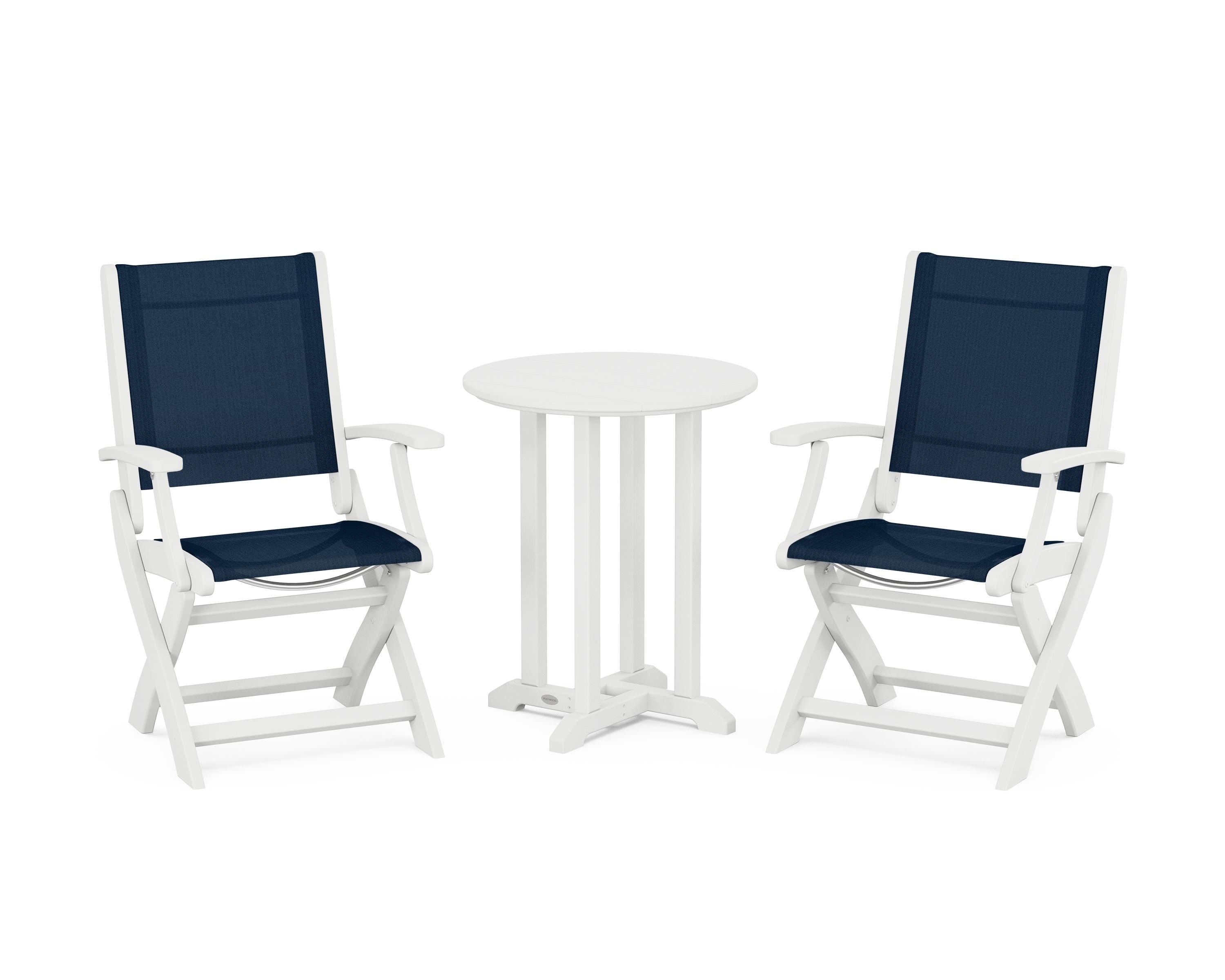 POLYWOOD® Coastal Folding 3-Piece Round Bistro Dining Set in White / Navy Blue Sling