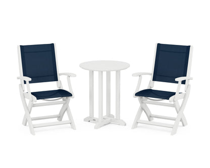 POLYWOOD® Coastal Folding 3-Piece Round Bistro Dining Set in White / Navy Blue Sling