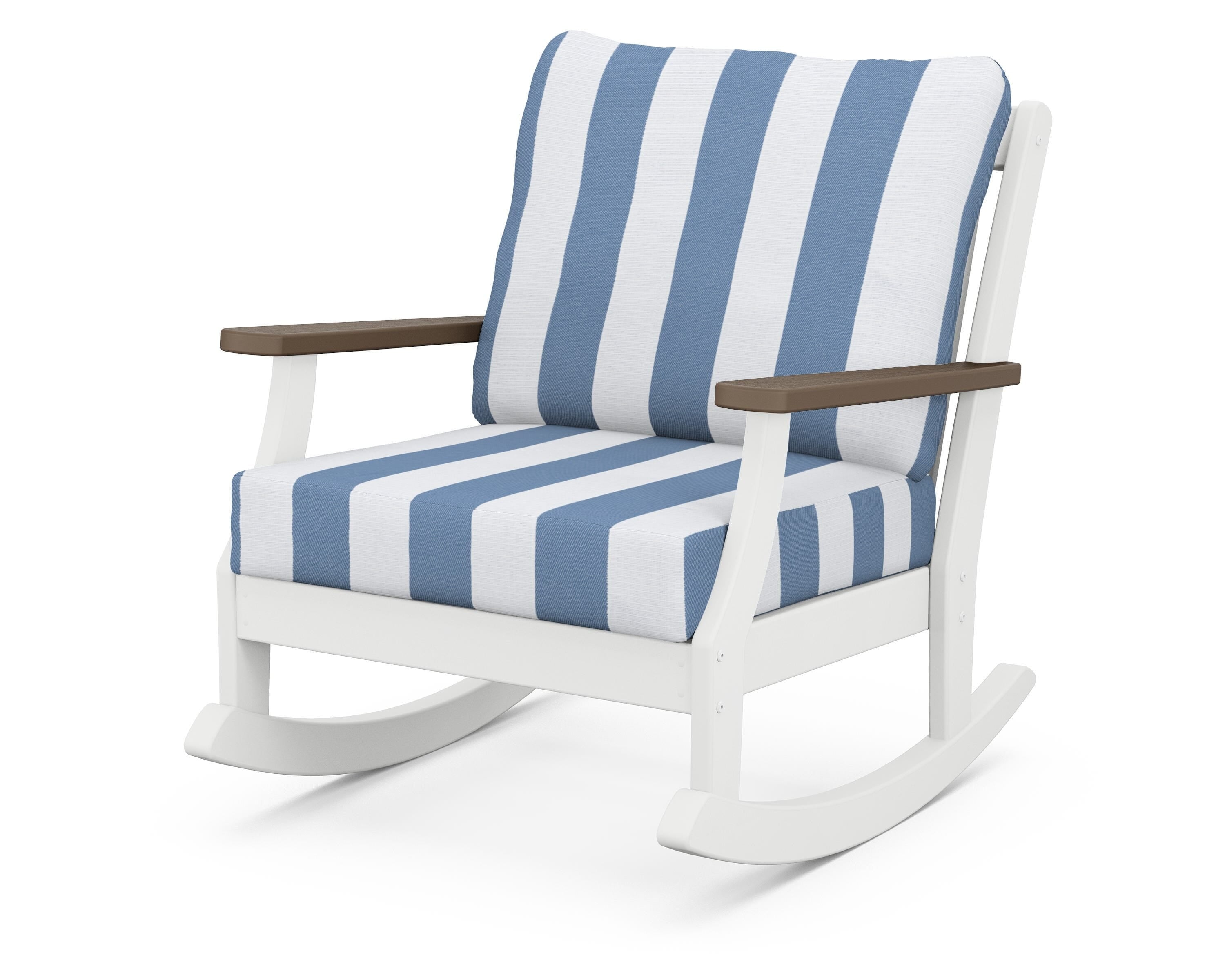 POLYWOOD® Braxton Deep Seating Rocking Chair in White / Kona / Cabana Stripe Sky Blue