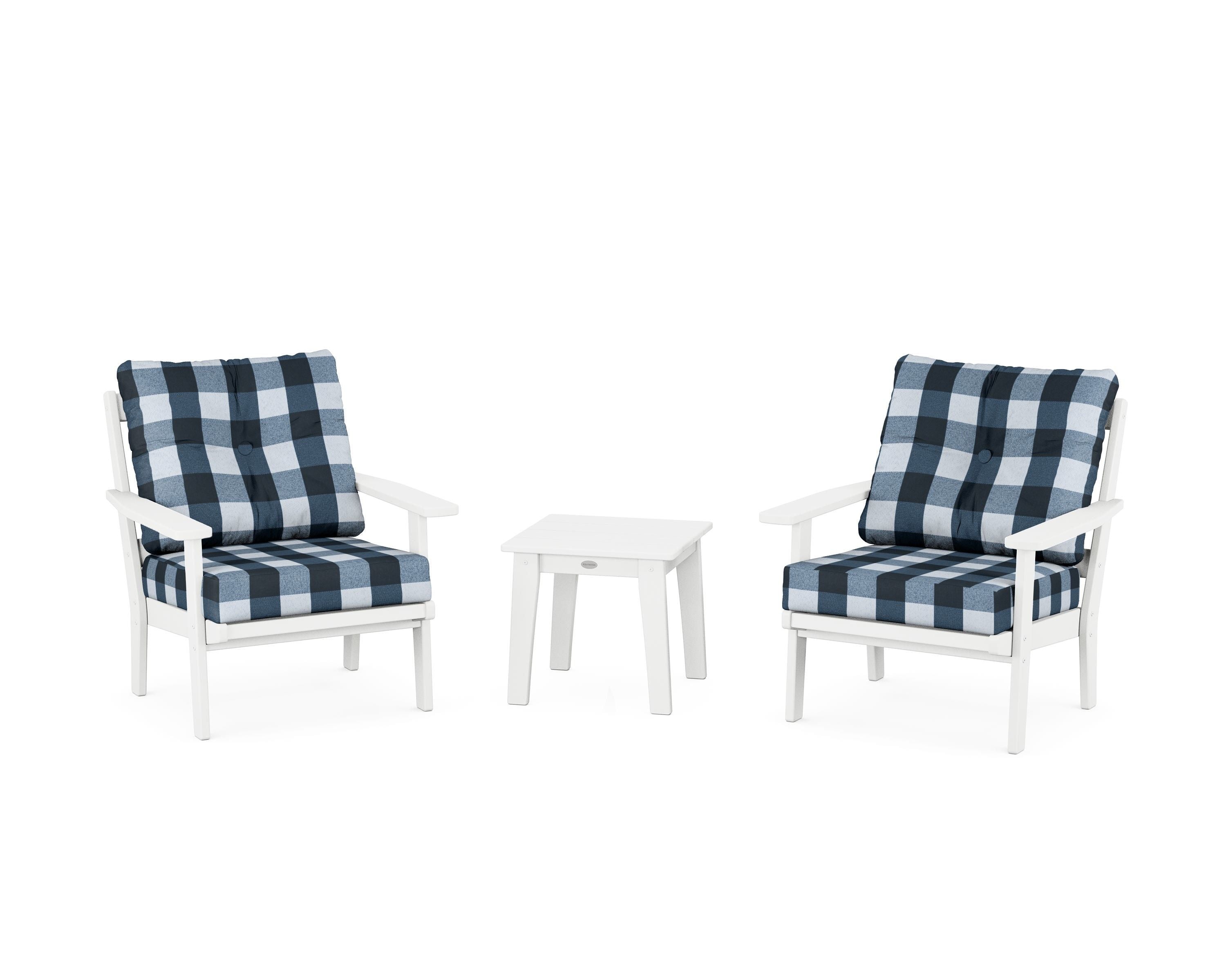 POLYWOOD® Oxford 3-Piece Deep Seating Set in White / Buffalo Plaid Marine Indigo