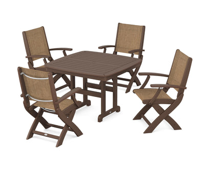 POLYWOOD® Coastal Folding Chair 5-Piece Dining Set in Mahogany / Burlap Sling
