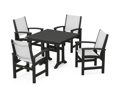 POLYWOOD® Coastal 5-Piece Farmhouse Dining Set With Trestle Legs in Black / White Sling