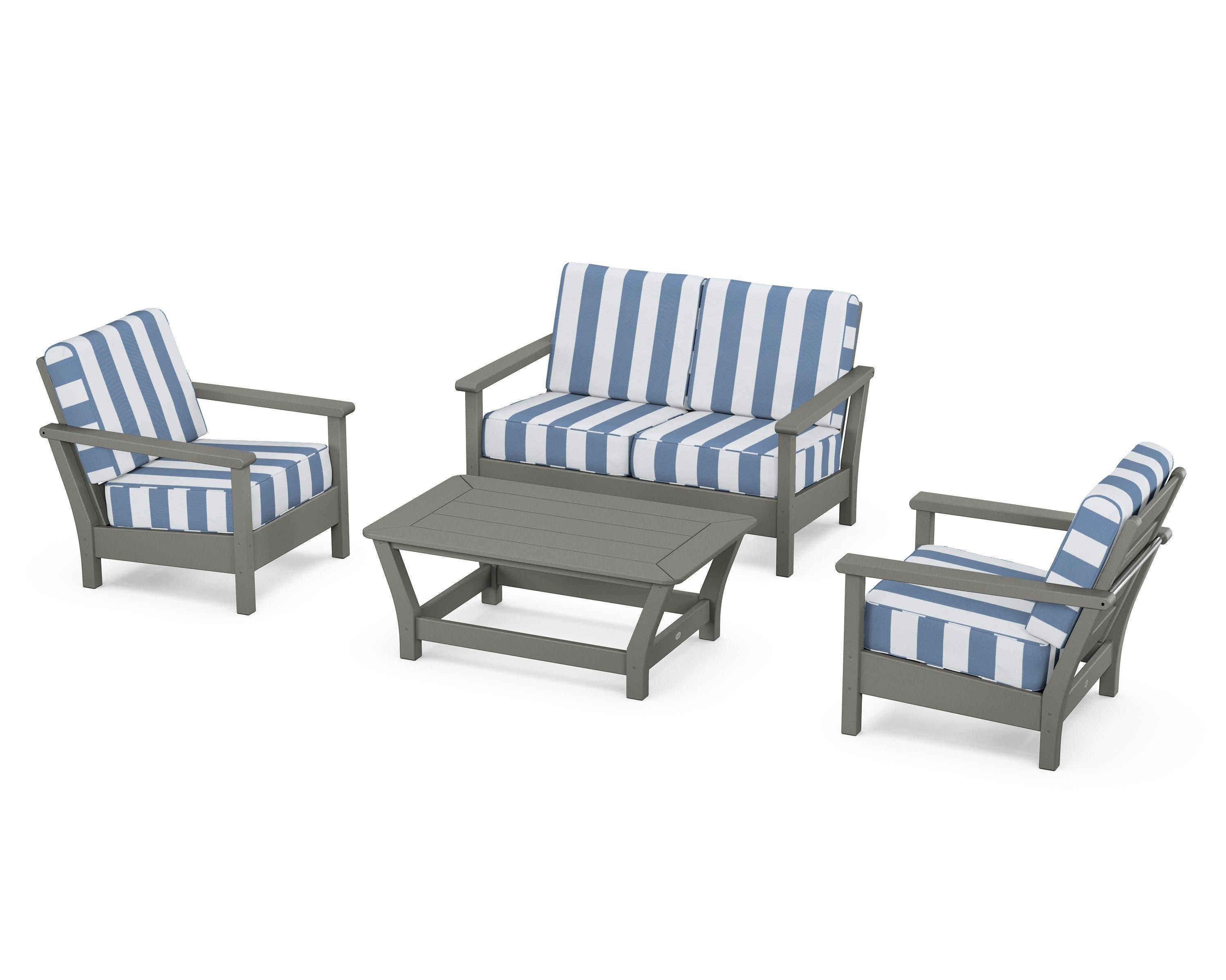 POLYWOOD® Harbour 4-Piece Deep Seating Set in Slate Grey / Cabana Stripe Sky Blue