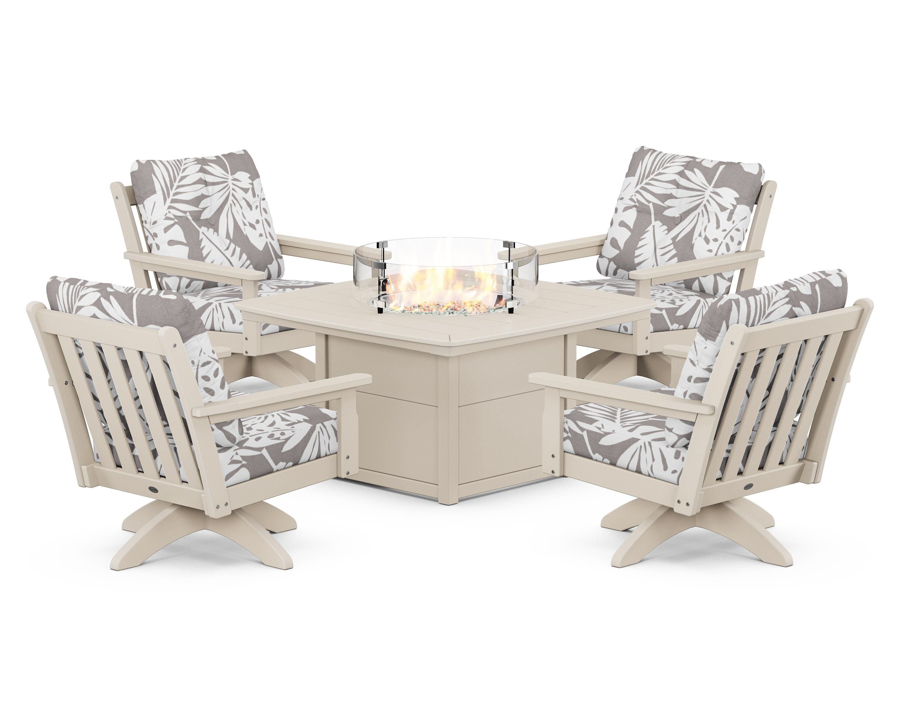 POLYWOOD® Vineyard 5-Piece Deep Seating Swivel Conversation Set with Fire Pit Table in Sand / Leaf Grey Mist
