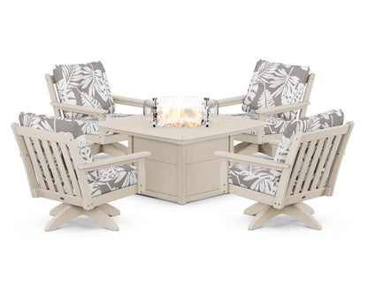POLYWOOD® Vineyard 5-Piece Deep Seating Swivel Conversation Set with Fire Pit Table in Sand / Leaf Grey Mist