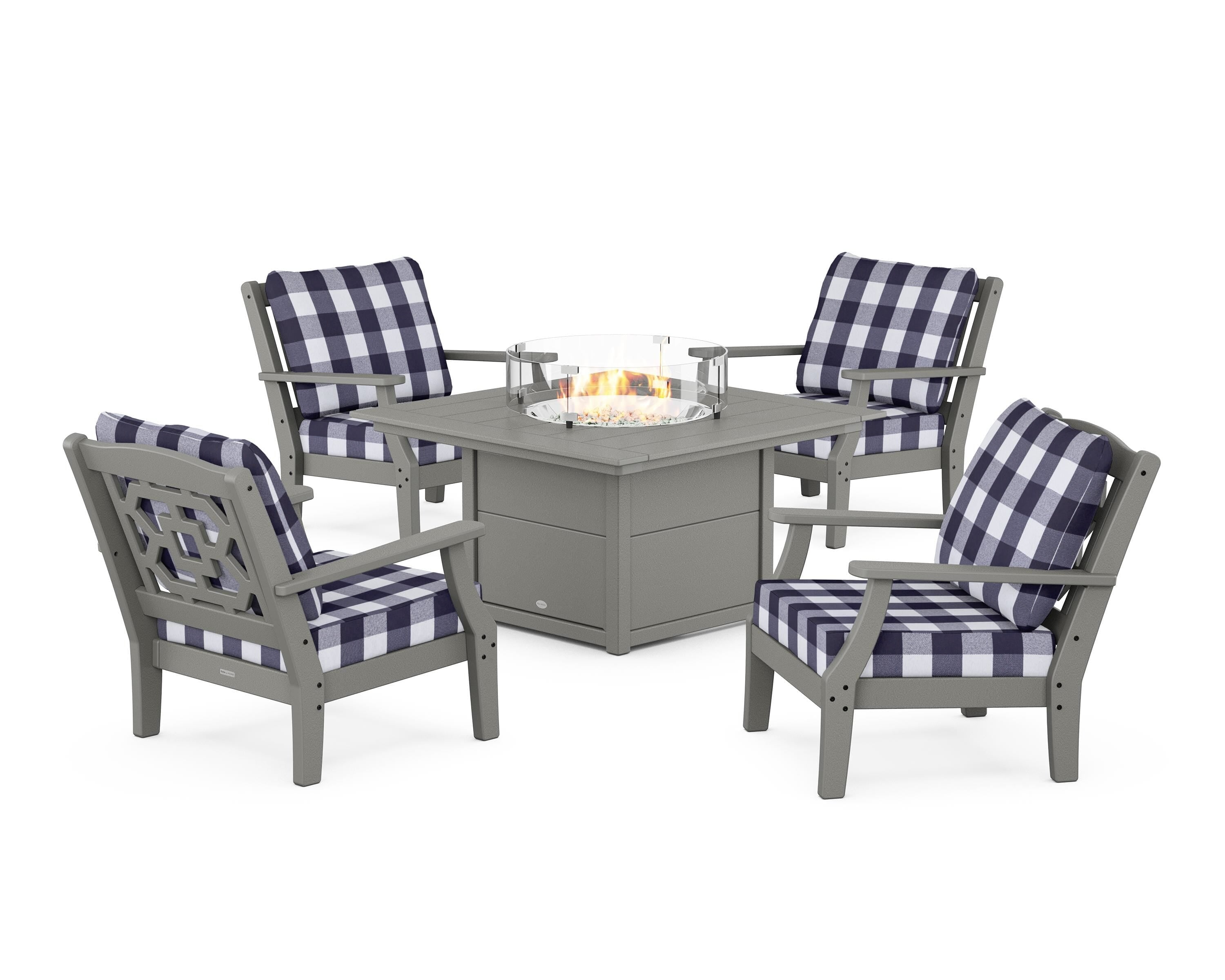 Martha Stewart by POLYWOOD® Chinoiserie 5-Piece Deep Seating Set with Fire Pit Table in Slate Grey / Buffalo Plaid Navy