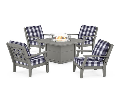 Martha Stewart by POLYWOOD® Chinoiserie 5-Piece Deep Seating Set with Fire Pit Table in Slate Grey / Buffalo Plaid Navy