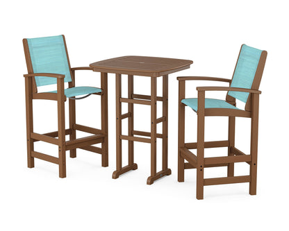 POLYWOOD® Coastal 3-Piece Bar Set in Teak / Dupioni Aquamarine Sling