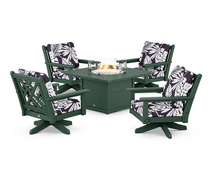 POLYWOOD® Chippendale 5-Piece Deep Seating Swivel Conversation Set with Fire Pit Table in Green / Leaf Navy