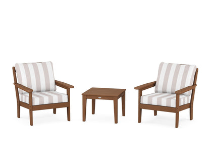 Country Living Cottage 3-Piece Deep Seating Set in Teak / Cabana Stripe Dune Burlap