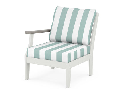 POLYWOOD® Braxton Modular Left Arm Chair in White / Driftwood / Cabana Stripe Glacier Spa
