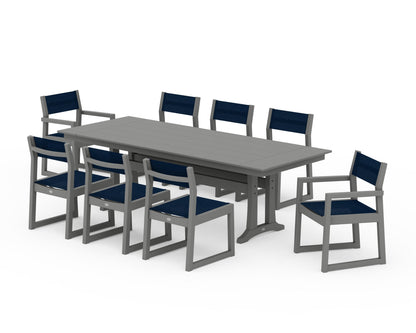 POLYWOOD® EDGE Sling 9-Piece Farmhouse Trestle Dining Set in Slate Grey / Navy Blue Sling