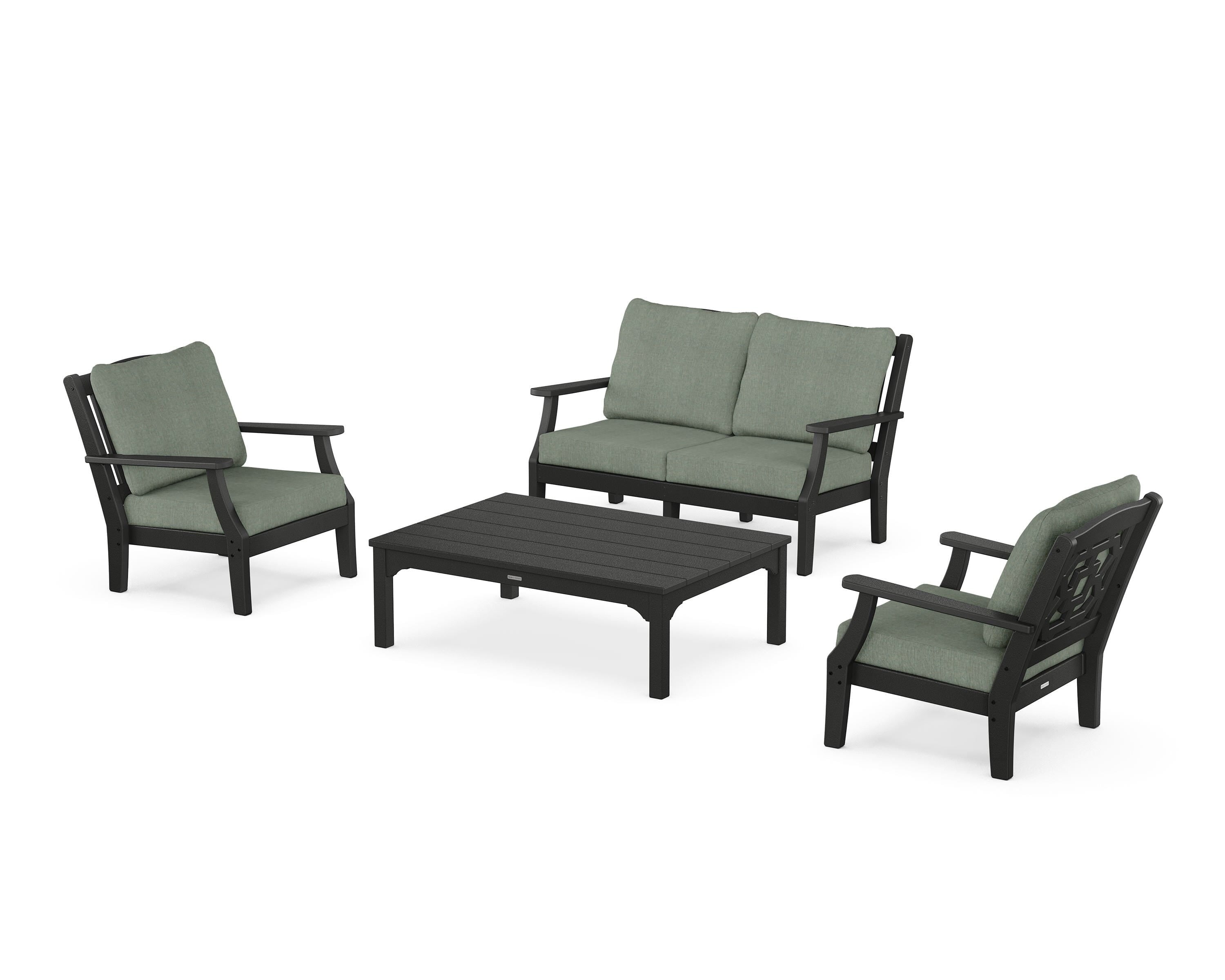 Martha Stewart by POLYWOOD® Chinoiserie 4-Piece Deep Seating Set with Loveseat in Black / Cast Sage