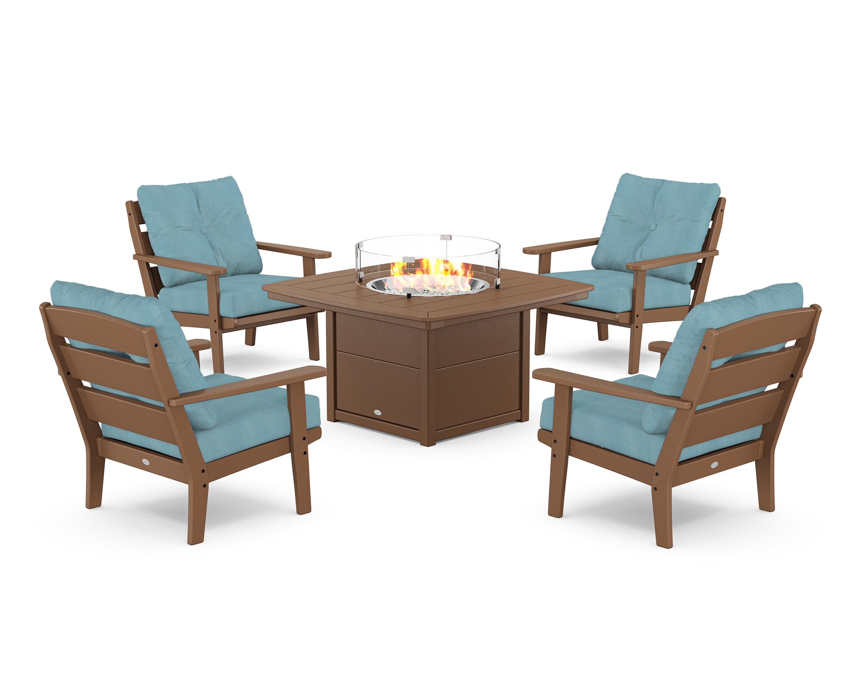 POLYWOOD® Lakeside 5-Piece Deep Seating Set with Nautical Fire Pit Table in Teak / Lattice Sky Blue