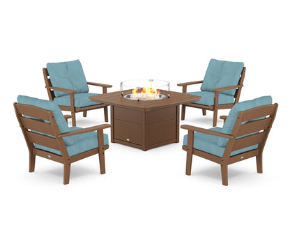 POLYWOOD® Lakeside 5-Piece Deep Seating Set with Nautical Fire Pit Table in Teak / Lattice Sky Blue