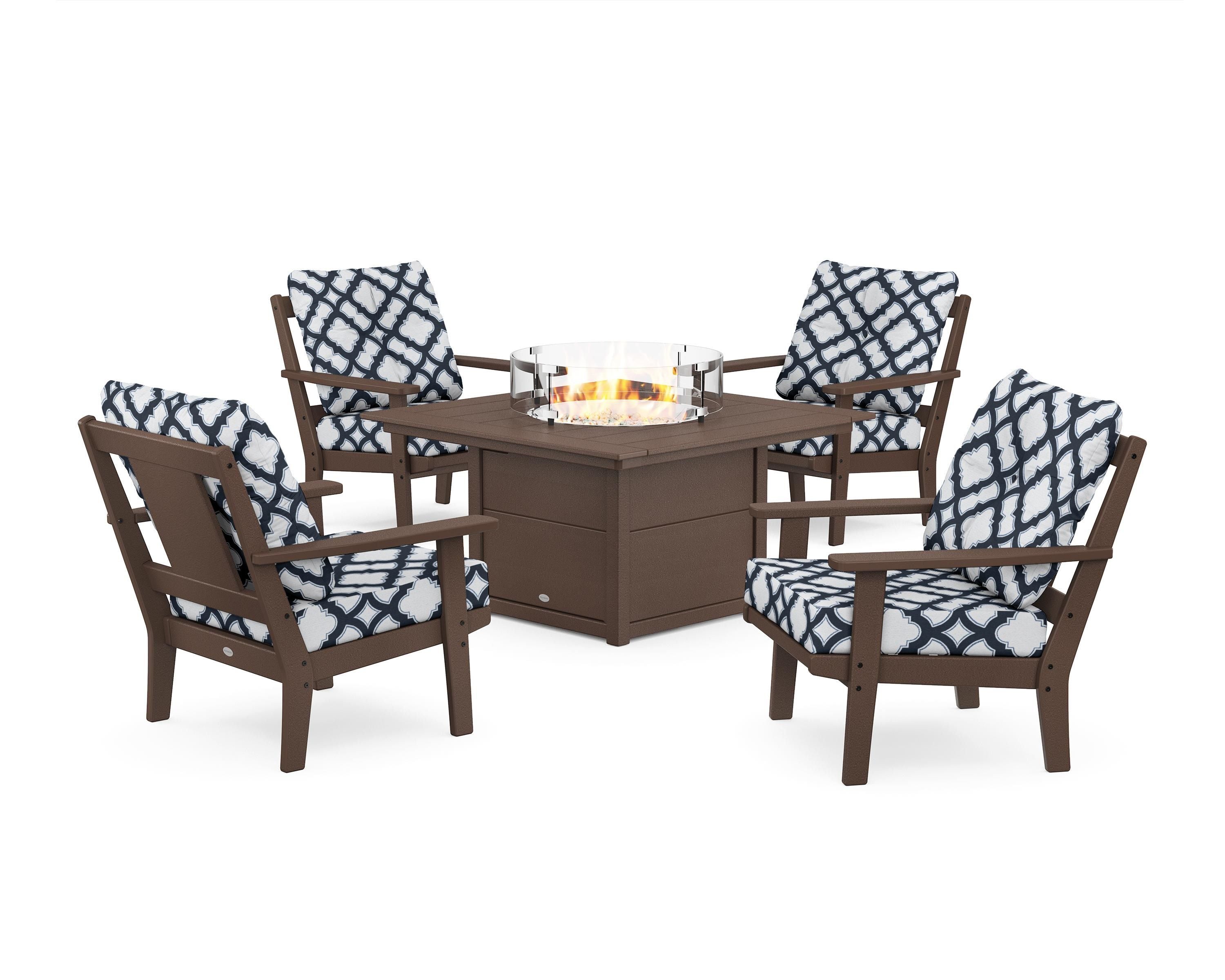 POLYWOOD® Prairie 5-Piece Deep Seating Set with Fire Pit Table in Mahogany / Trellis Marine Indigo