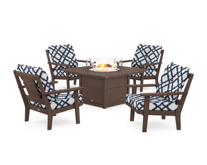 POLYWOOD® Prairie 5-Piece Deep Seating Set with Fire Pit Table in Mahogany / Trellis Marine Indigo