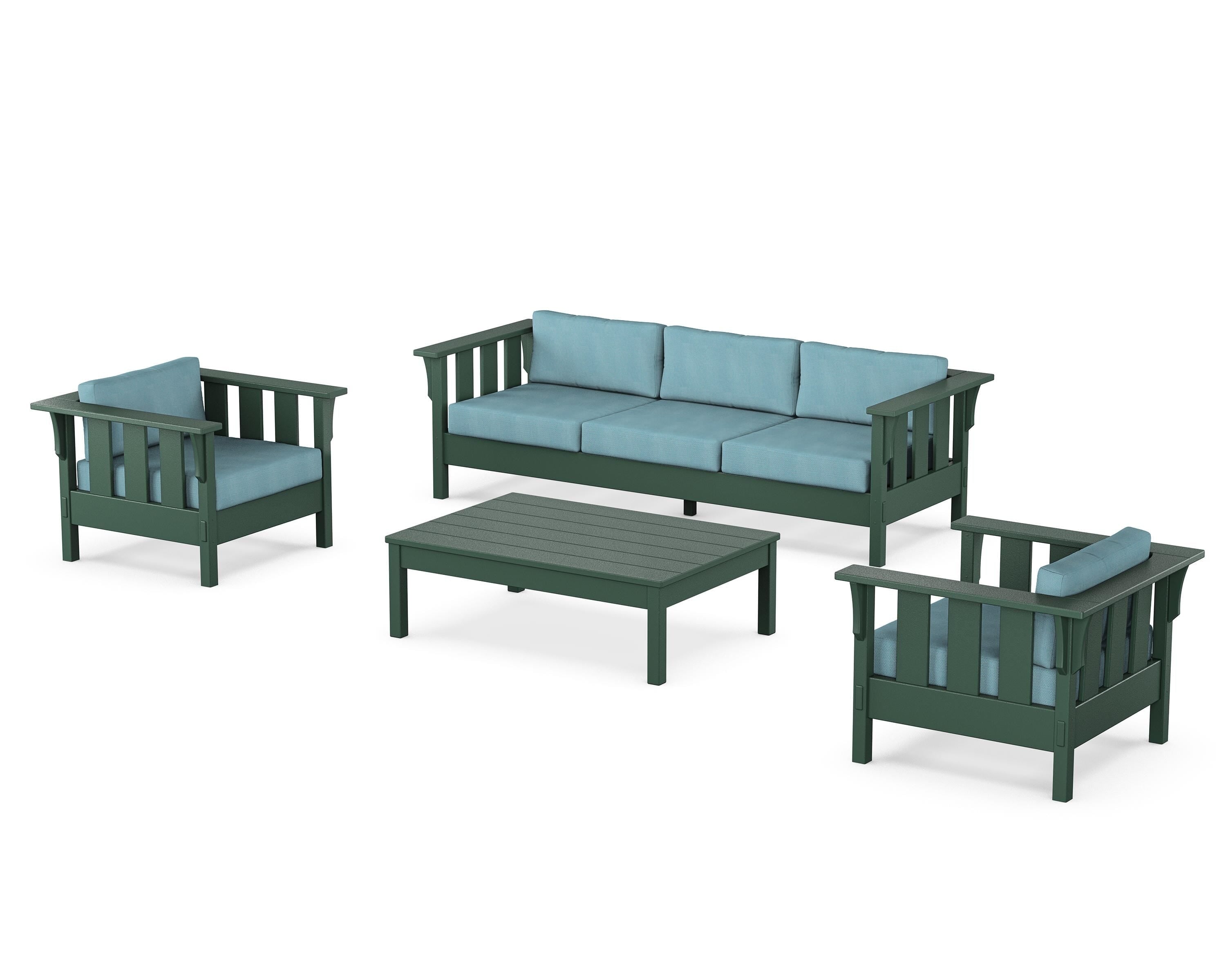 Martha Stewart by POLYWOOD® Acadia 4-Piece Deep Seating Set with Sofa in Green / Lattice Sky Blue