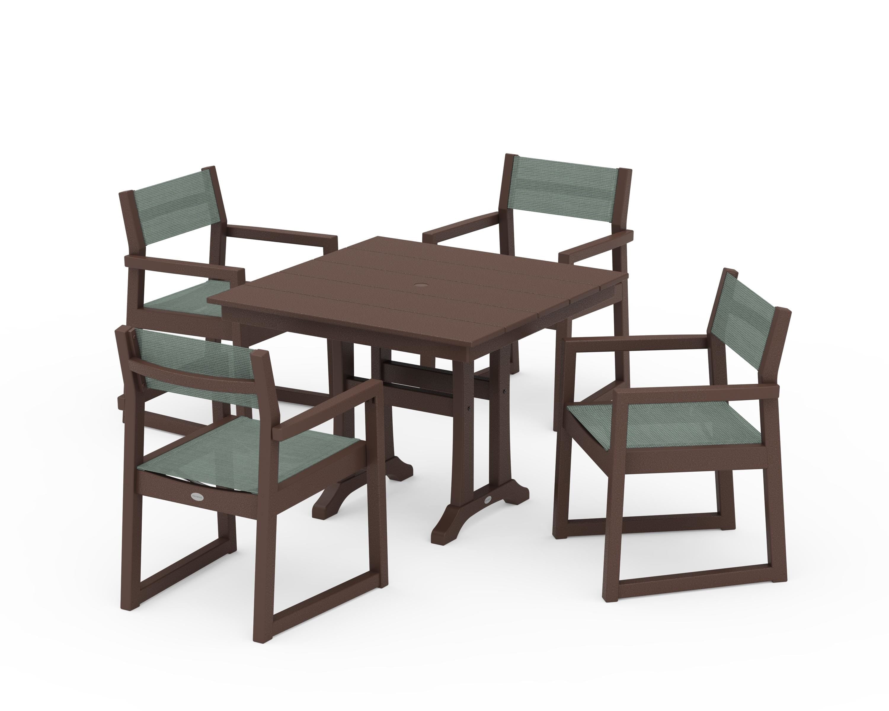 POLYWOOD® EDGE Sling 5-Piece Farmhouse Dining Set with Trestle Legs in Mahogany / Dupioni Sea Mist Sling
