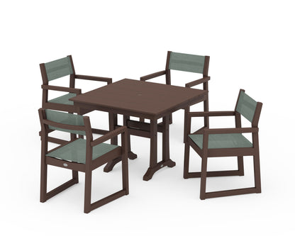 POLYWOOD® EDGE Sling 5-Piece Farmhouse Dining Set with Trestle Legs in Mahogany / Dupioni Sea Mist Sling