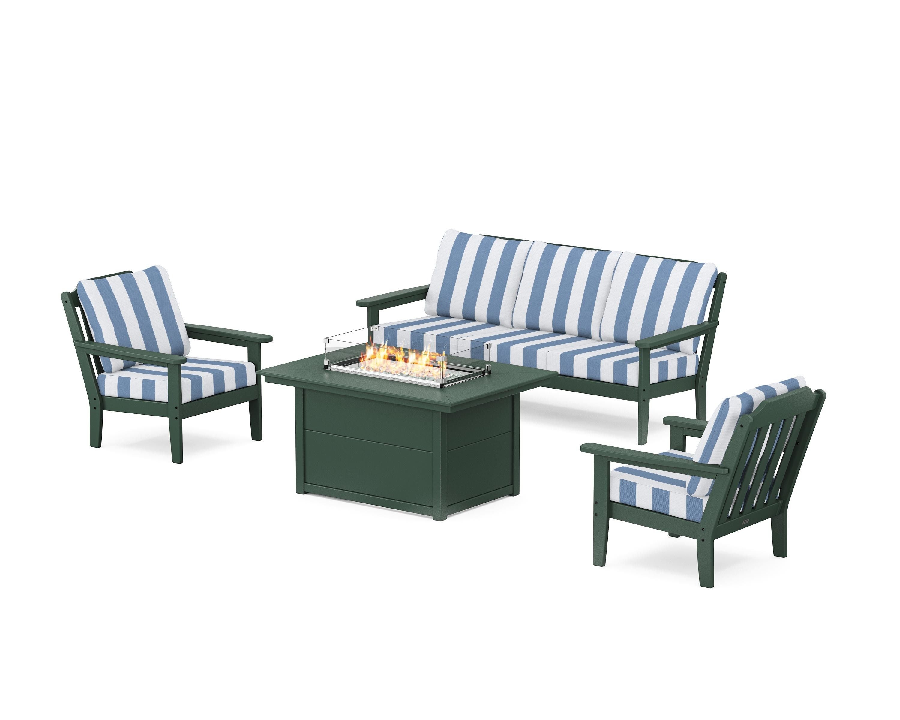Country Living Cottage Deep Seating Fire Pit Table Set in Green / Cabana Stripe Sky Blue