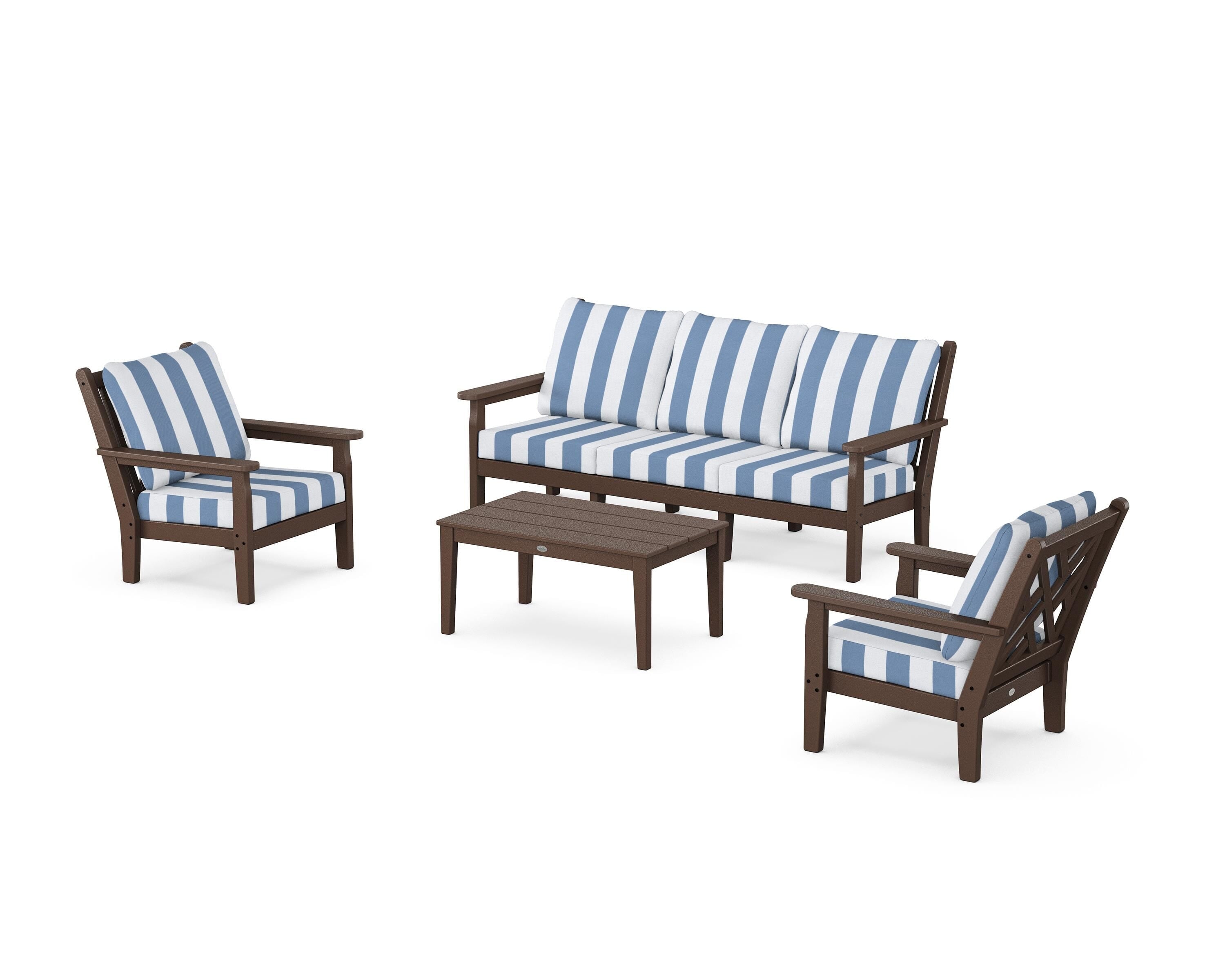 POLYWOOD® Chippendale 4-Piece Deep Seating Set with Sofa in Mahogany / Cabana Stripe Sky Blue