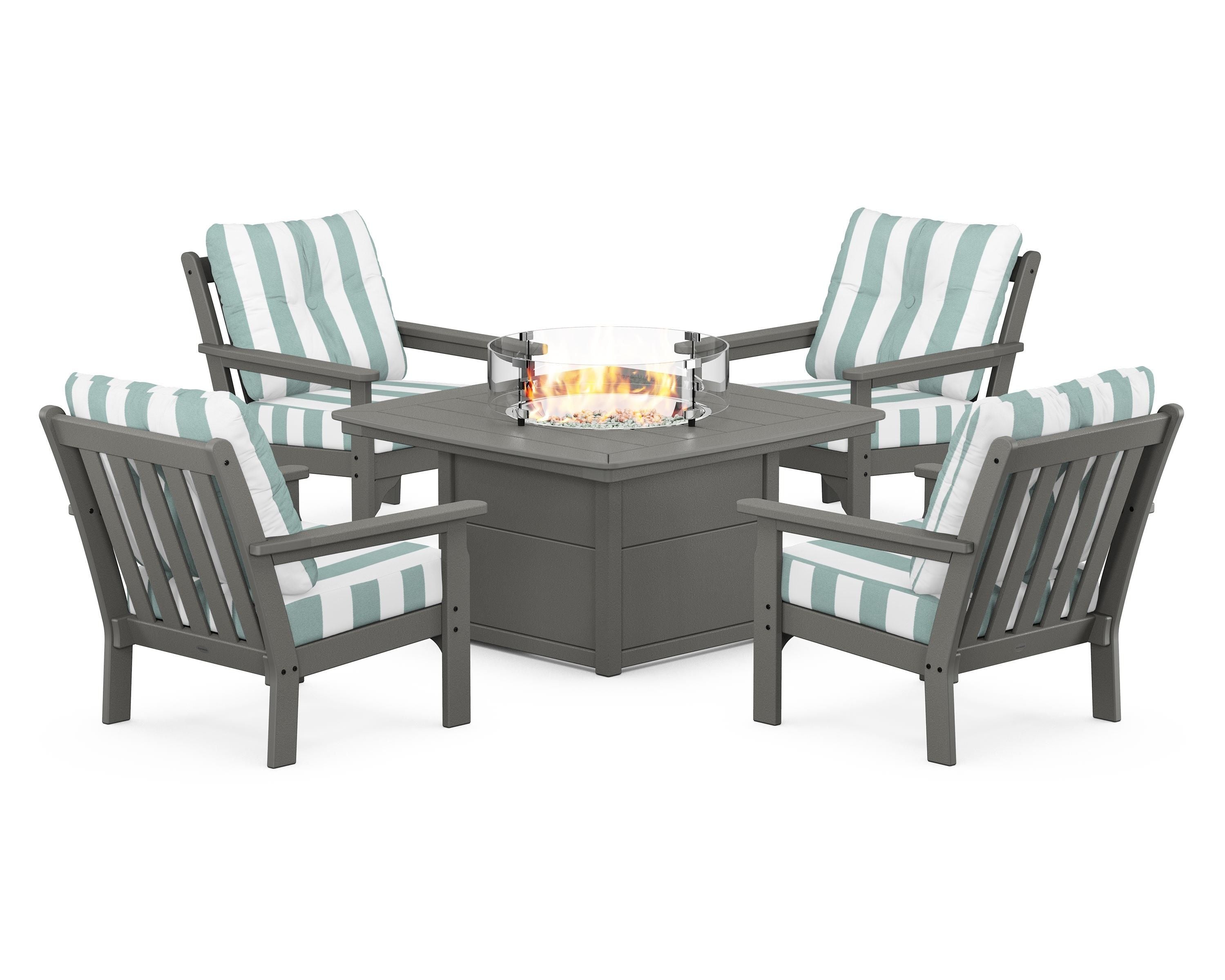 POLYWOOD® Vineyard 5-Piece Conversation Set with Fire Pit Table in Slate Grey / Cabana Stripe Glacier Spa