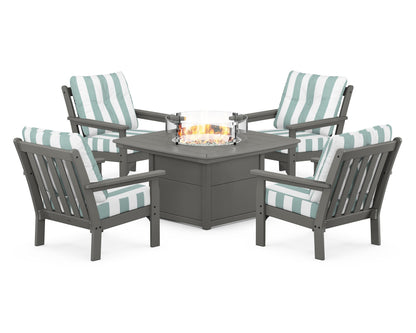 POLYWOOD® Vineyard 5-Piece Conversation Set with Fire Pit Table in Slate Grey / Cabana Stripe Glacier Spa