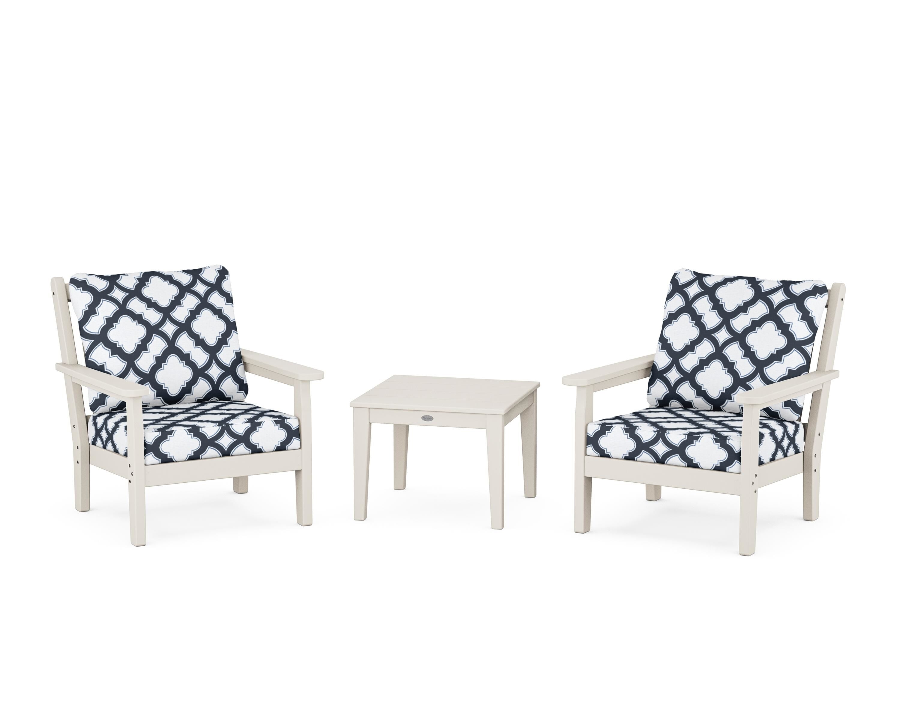 POLYWOOD® Chippendale 3-Piece Deep Seating Set in Sand / Trellis Marine Indigo