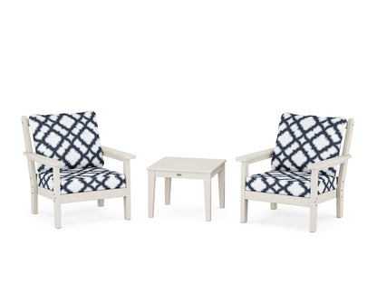 POLYWOOD® Chippendale 3-Piece Deep Seating Set in Sand / Trellis Marine Indigo